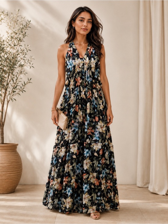 Dresses & Skirts - Floral Halter Maxi Dress XL Black Multicolor Sleeveless